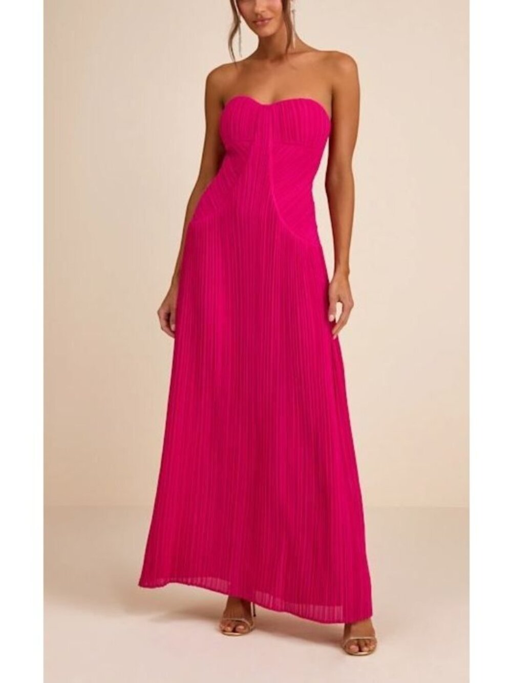 Lulus Narasha Fuchsia Pink Pleated Strapless Maxi Dress Size XS NWT